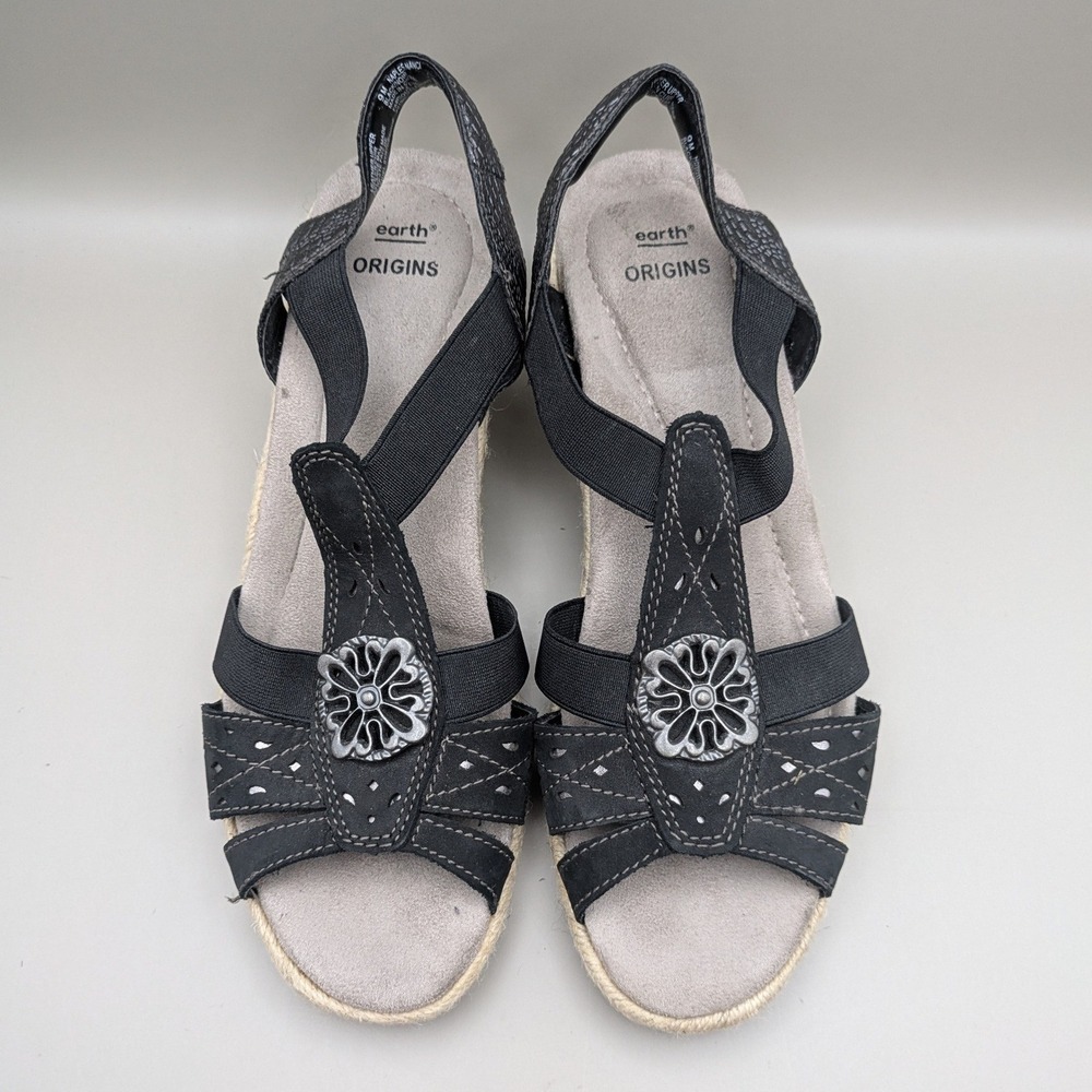 Earth Origins Naples Nanci Black Leather Wedge Espadrille Sandals Womens 9 M